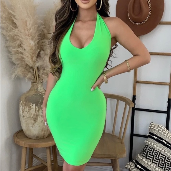 neon green halter dress Lime Green Sequin Designer Halter Neck Mermaid Dress